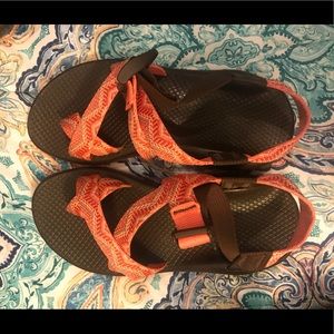 Orange print Chacos